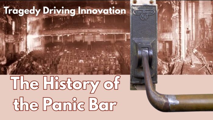 History of the Panic Bar Exit Device The Iroquois Theater fire of 1903 in Chicago spurred the development of the first panic exit device by Von Duprin.