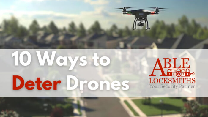 Legally_Deter_Drones A drone hovers over a suburban neighborhood.