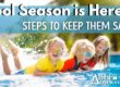 Three happy children play in a swimming pool on a sunny day. Headline reads: "Pool Season is Here: Steps to Keep Them Safe